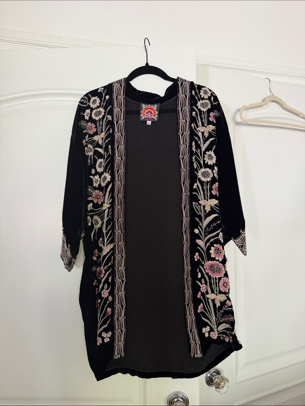 Embroidered Black Velvet Floral Kimono Cardigan